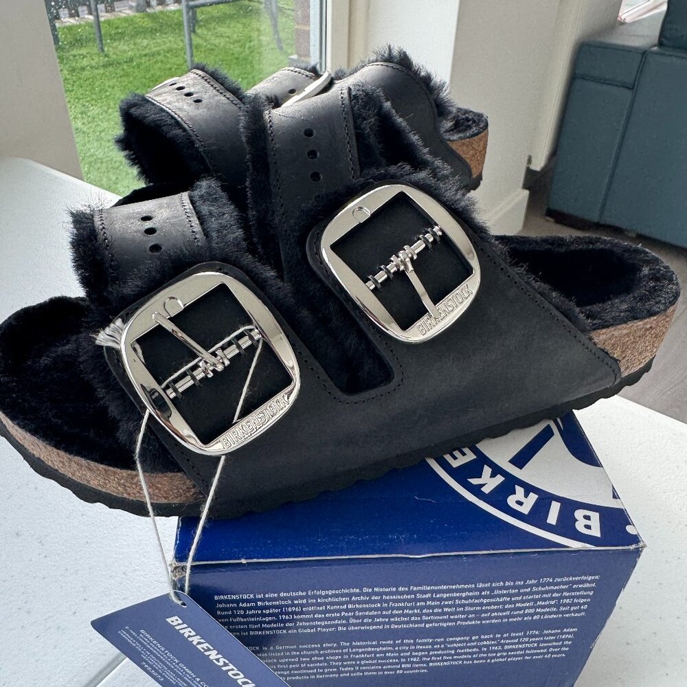 NEW Birkenstock Arizona Big Buckle Shearling Sandals Black RP $180 7-7 EU 38